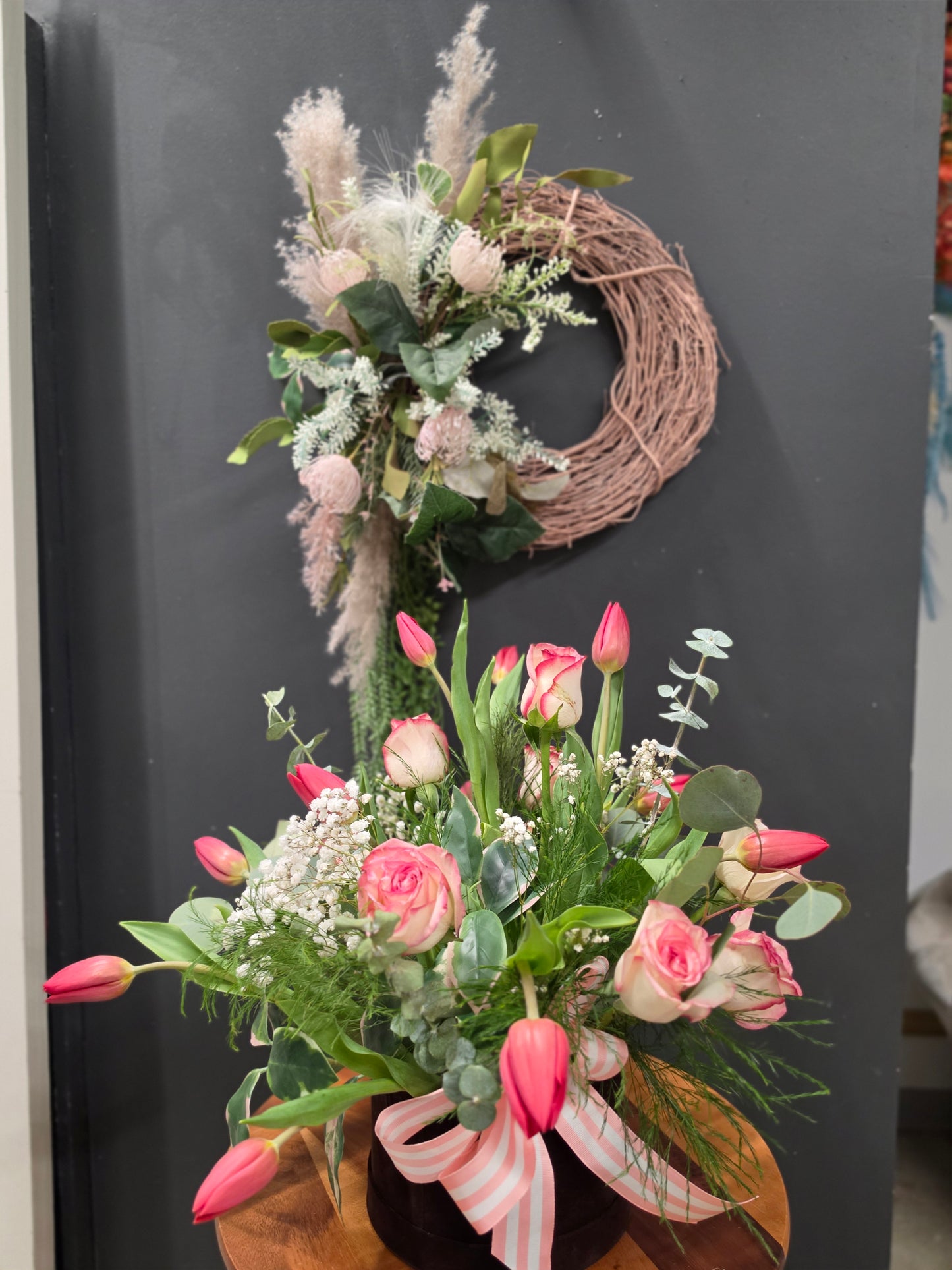 Bundle fresh floral centerpiece and faux floral wreath