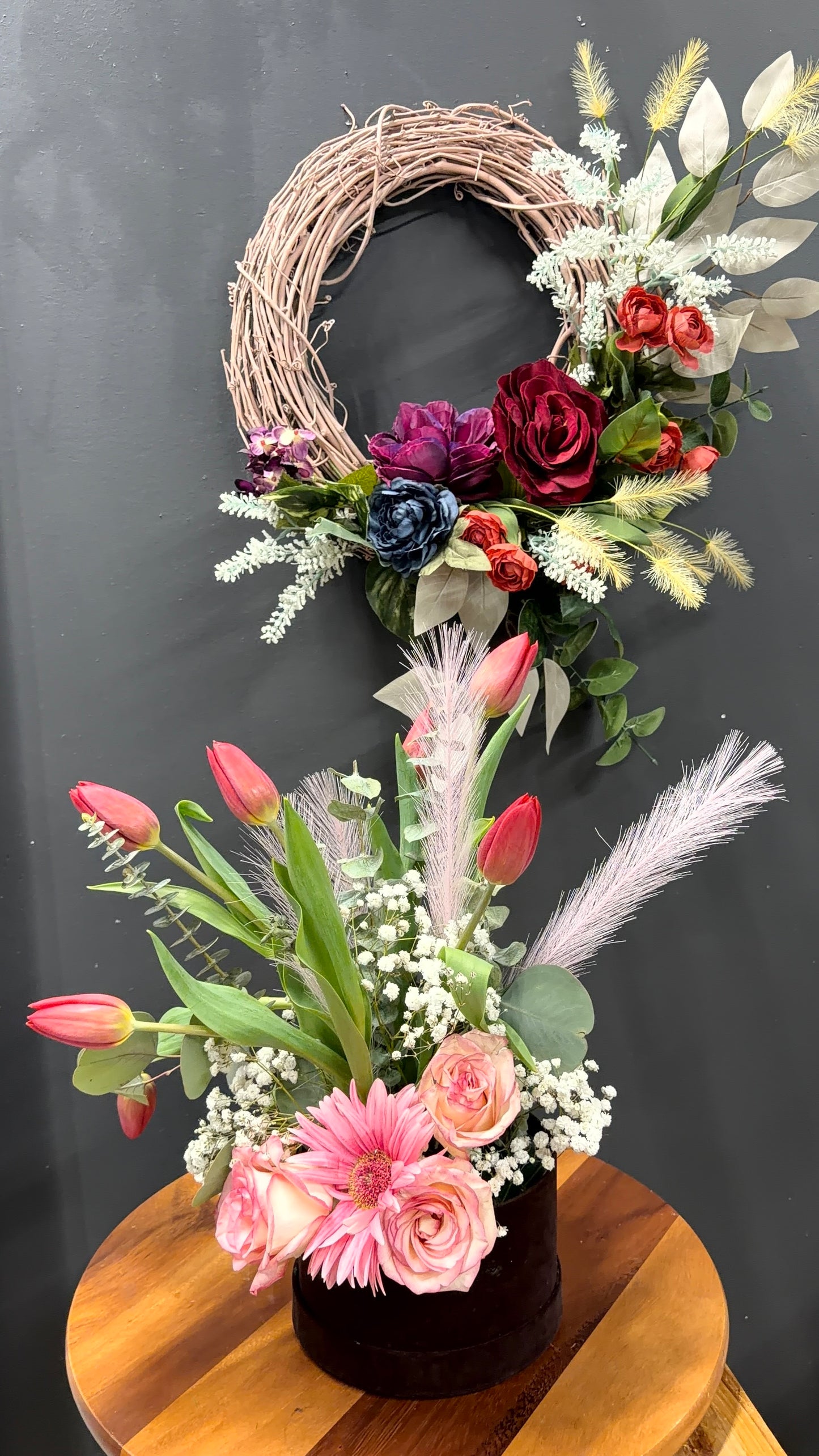 Bundle fresh floral centerpiece and faux floral wreath