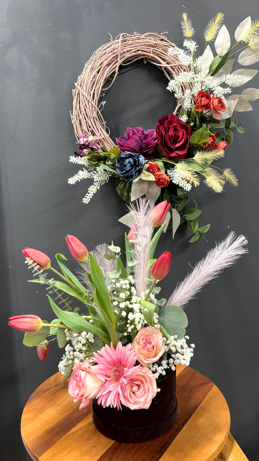 Bundle fresh floral centerpiece and faux floral wreath
